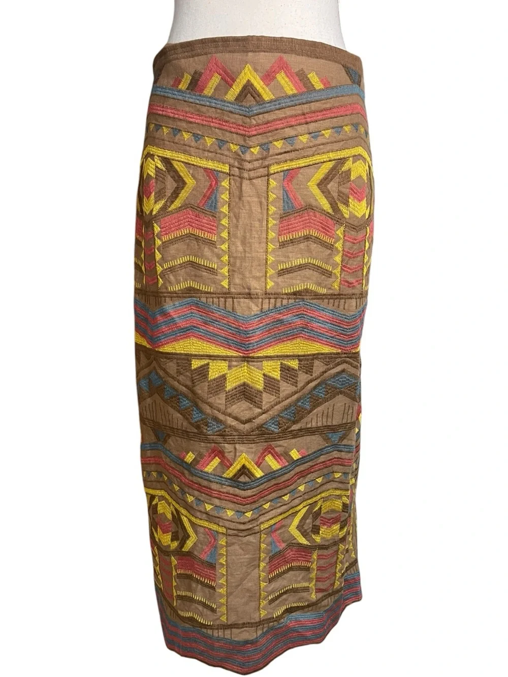 Zara Embroidered Linen Midi Skirt Brown